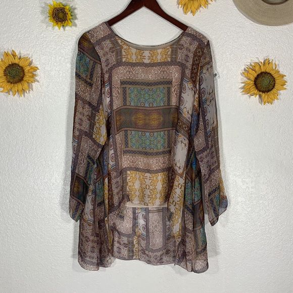 Moda Seta Italy Geometric Round Neck Sheer Flowy Top Blouse Womens Medium - Picture 3 of 13